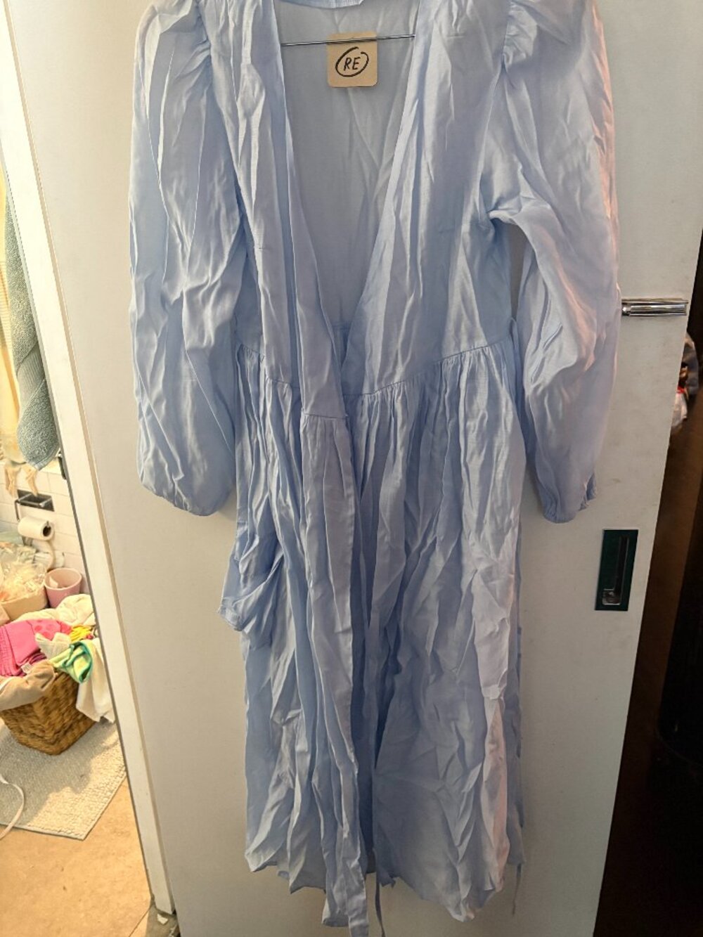 Light Blue Linen-Blend Wrap Dress Balloon Sleeve Midi